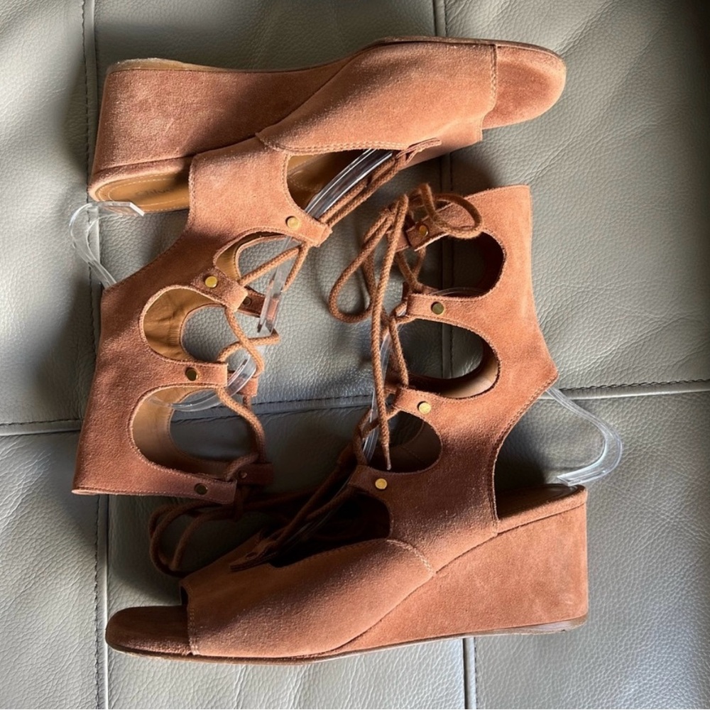 CHLOE Sandals Sz 40 US 10 Lace Up Italian Suede Gladiator Wedge Chillier Brown - Picture 3 of 14